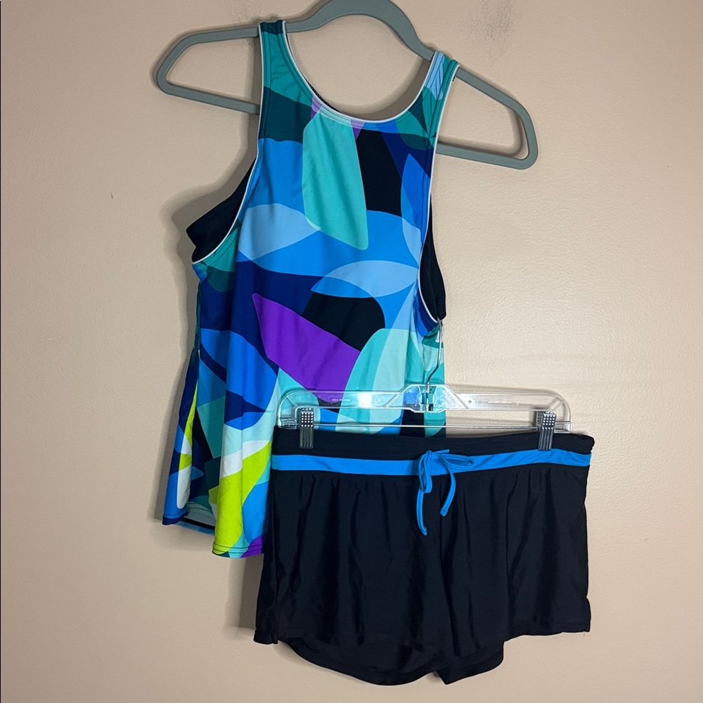 ZeroXposur Girls Multi-Blue Abstract Tankini with Black Skort